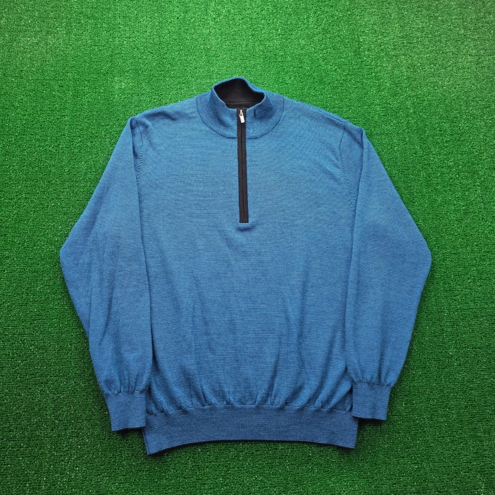 FootJoy Sweater Mens Large Blue Striped FJ 100% Wool 1/4 Zip Golf Pullover